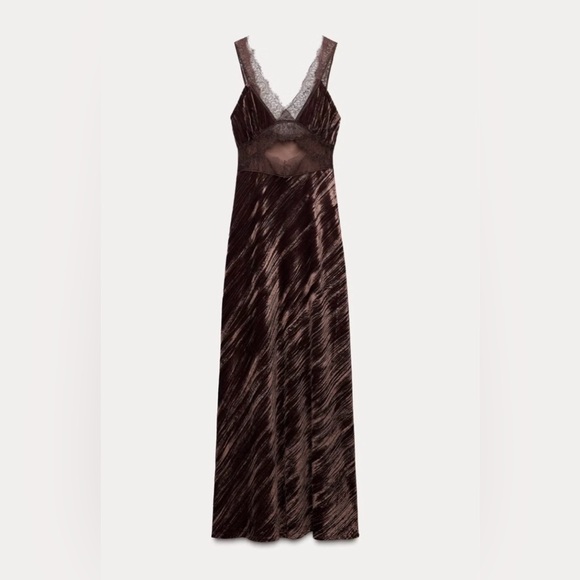 Zara Velvet Lace Trim Midi Dress Brown Slip Dress Size S 🤎 - Picture 2 of 13
